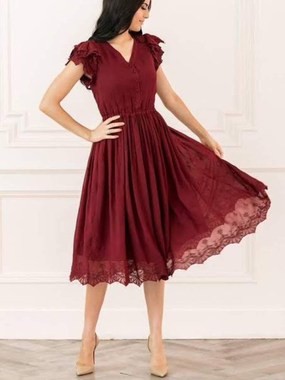 Rachel Parcell Burgundy Ruffle Sleeve Midi Dress - Size XS